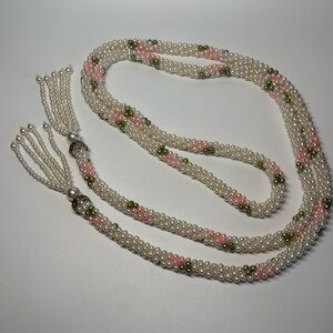 Vintage Ivory Faux Pearl Beaded Lariat Necklace 58” Extra Long